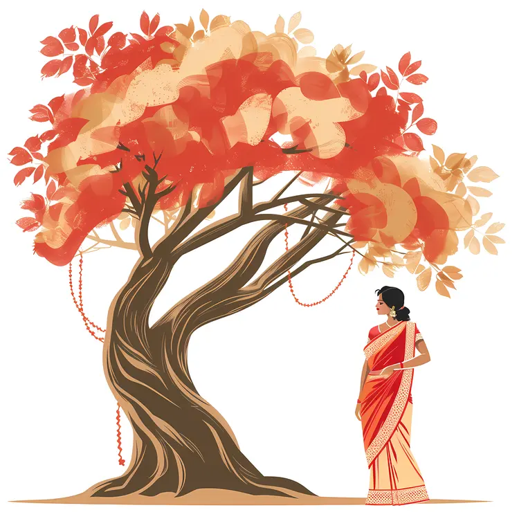 Woman in Traditional Dress Offering to Tree