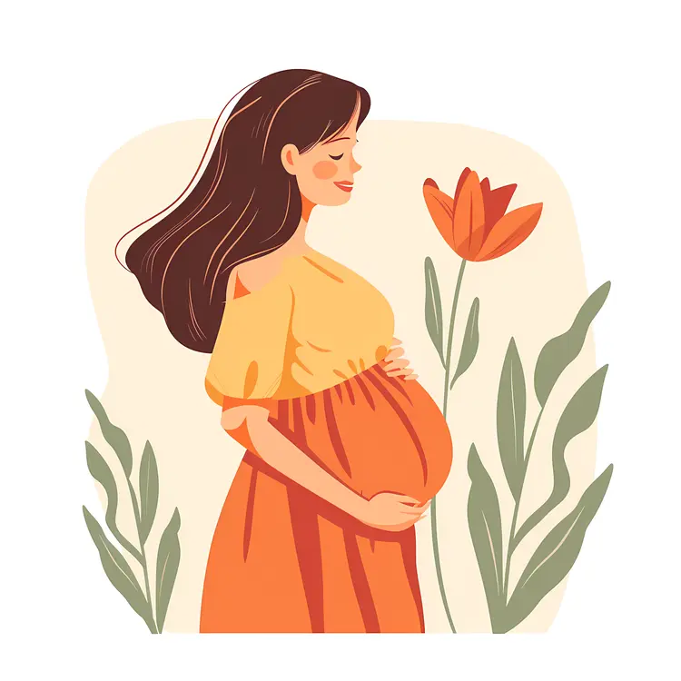 Pregnant Woman in Orange Dress with Flowers