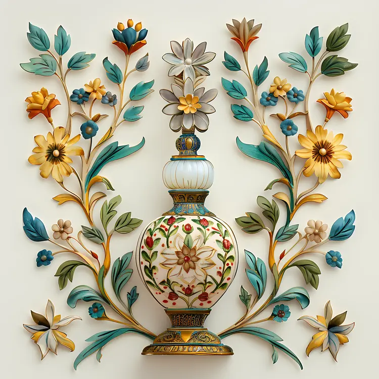 Ornate Perfume Bottle with Floral Design Illustration
