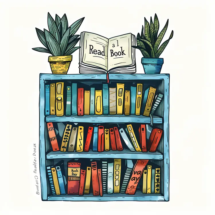 Bookshelf with Books and Plants