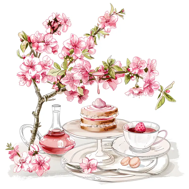Tea Set with Blossoms and Cake