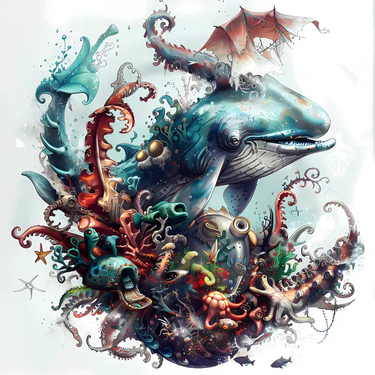 Whale and Octopus in a Fantasy Underwater Scene
