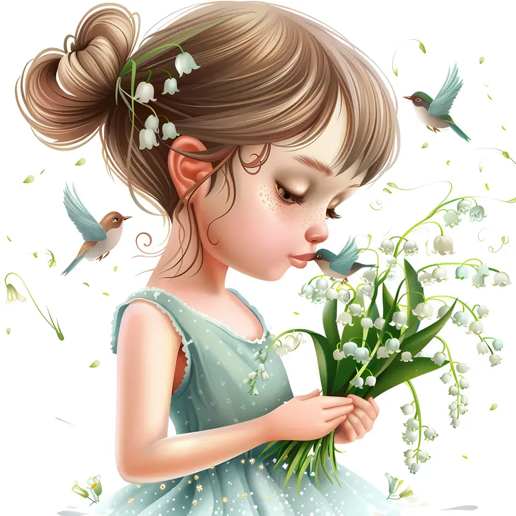 Girl Holding Lily of the Valley with Birds