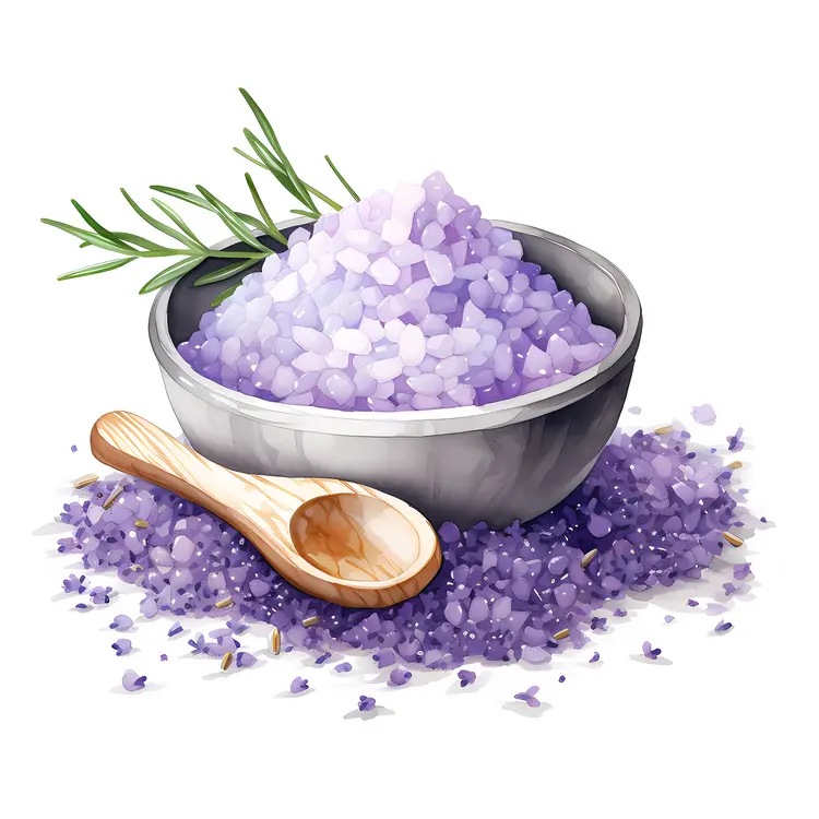Purple Bath Salts in Bowl with Wooden Spoon
