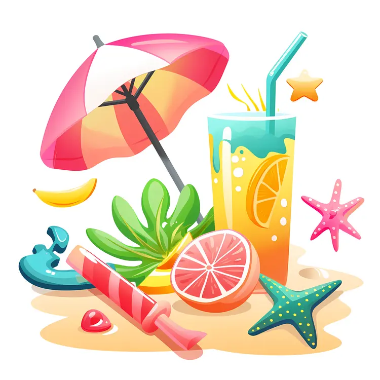 Colorful Beach Umbrella with Drink and Fruits