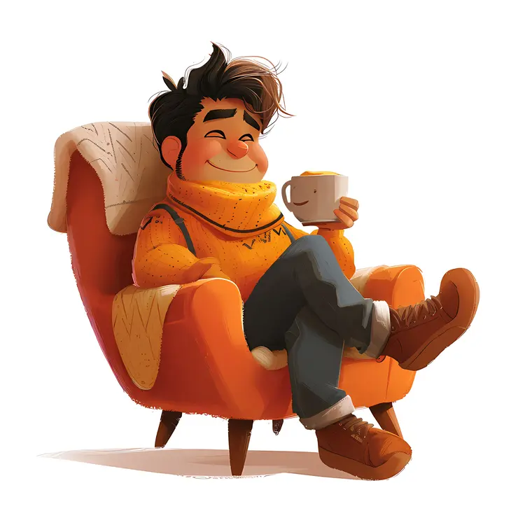 Boy Relaxing with Cup in Orange Chair