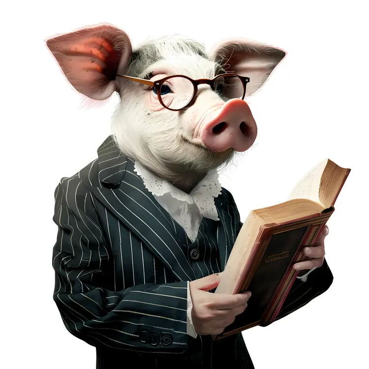 Pig in Suit Reading a Book