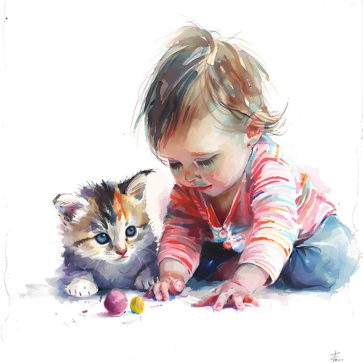 Baby Playing with Kitten and Toys
