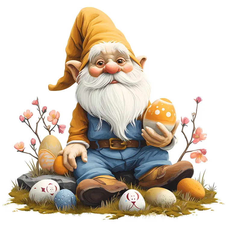 Gnome Sitting with Easter Eggs and Flowers