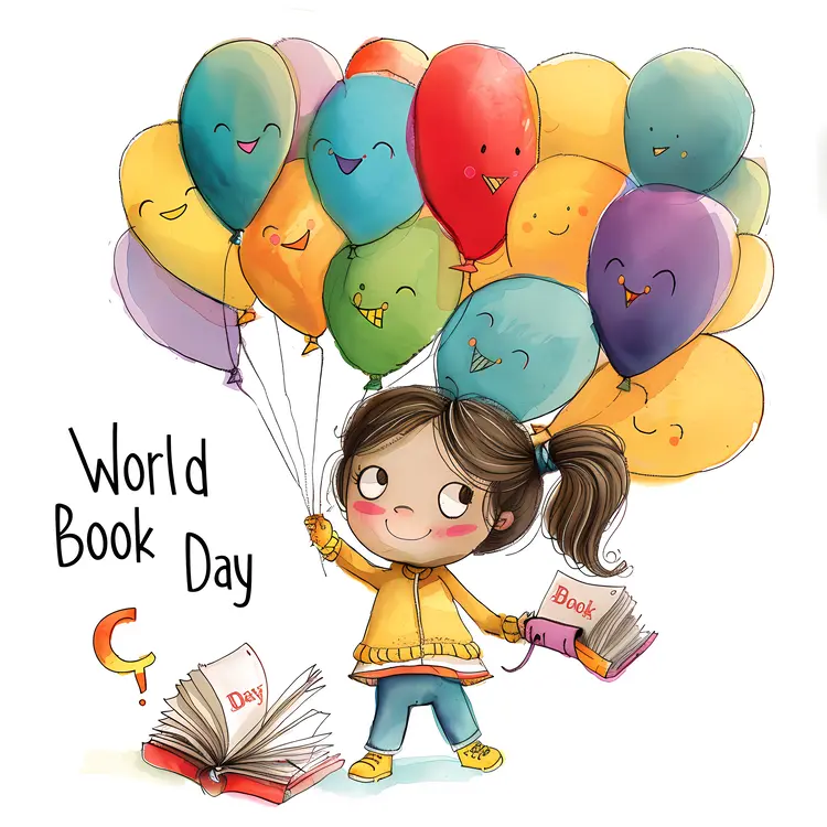 Girl with Colorful Balloons Celebrating World Book Day