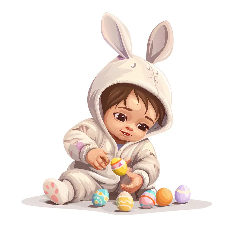 Baby in Bunny Costume with Easter Eggs