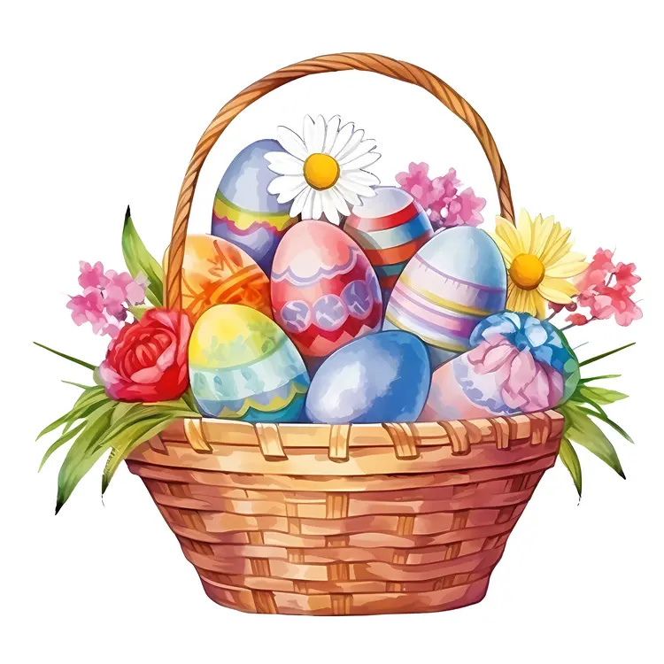 Colorful Easter Basket with Eggs and Flowers