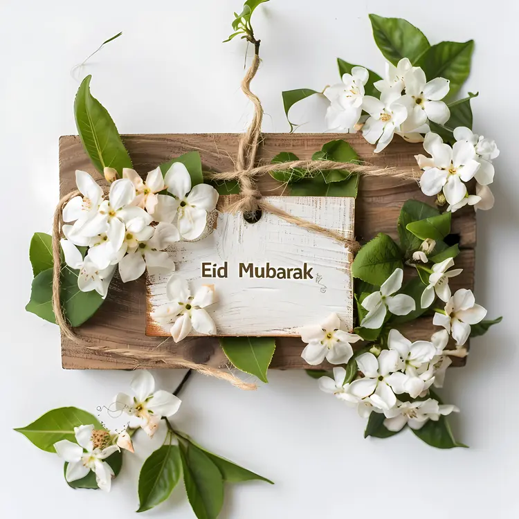 Eid Mubarak Wooden Sign with White Flowers