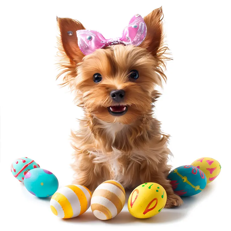 Cute Yorkshire Terrier with Easter Eggs