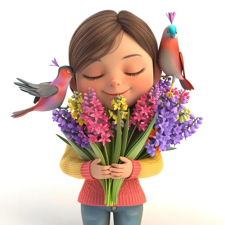 Girl Holding Colorful Flowers with Birds