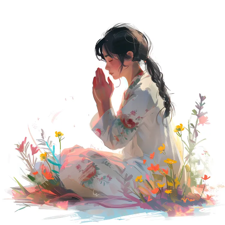 Girl Praying Among Flowers