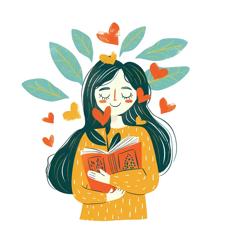 Illustration of Girl Reading Book with Leaves and Hearts