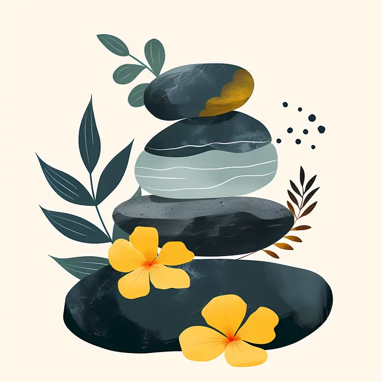 Zen Stacked Stones with Yellow Flowers and Greenery