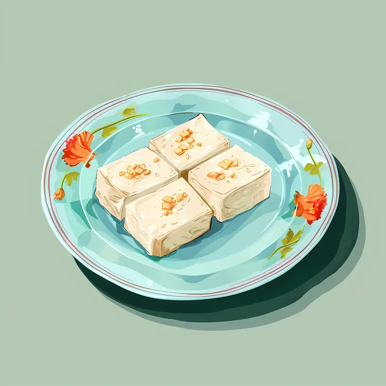 Four Tofu Cubes on Floral Plate