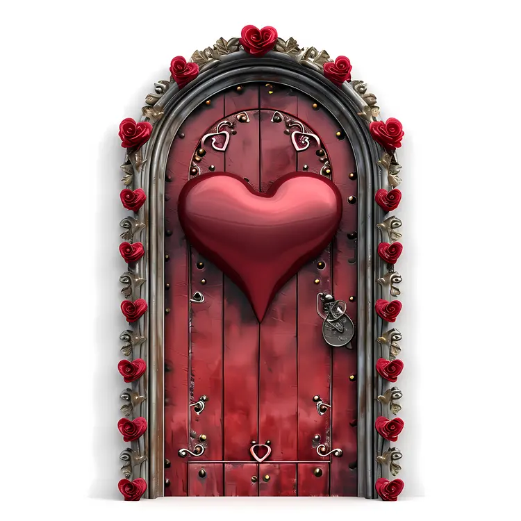 Red Door with Heart and Roses for Valentine's Day