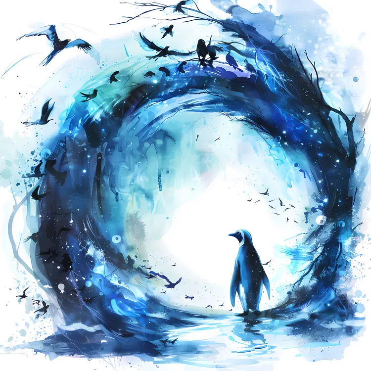 Penguin in Blue Artistic Background