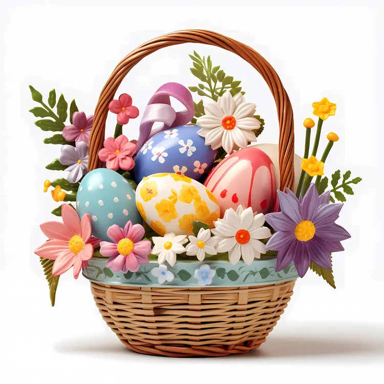 Colorful Easter Basket with Eggs and Flowers