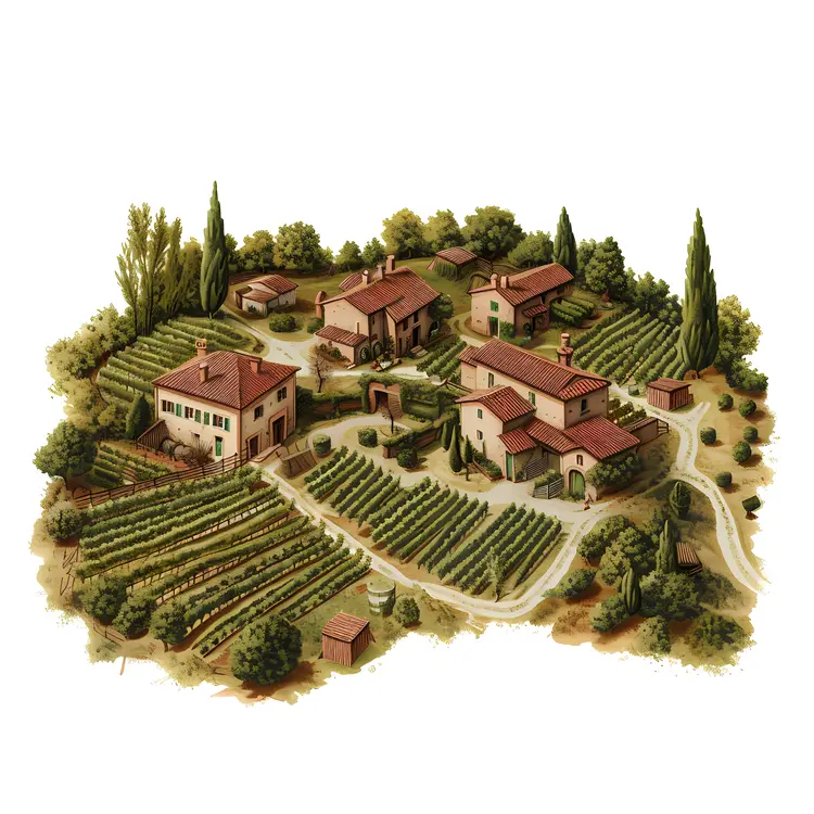 Vineyard with Small Houses and Trees