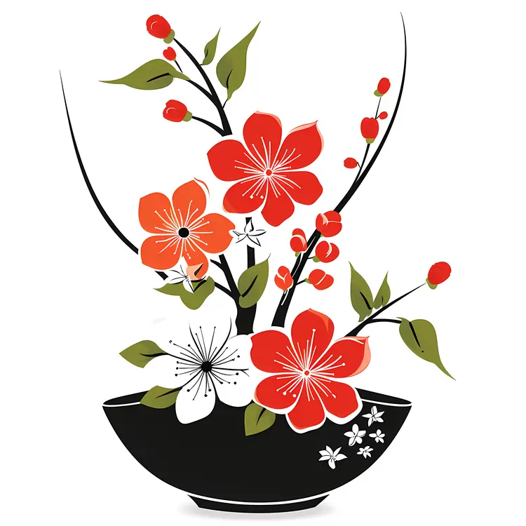 Red and White Floral Arrangement in Black Vase