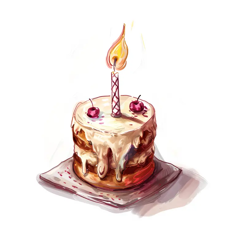 Birthday Cake with One Candle and Cherries