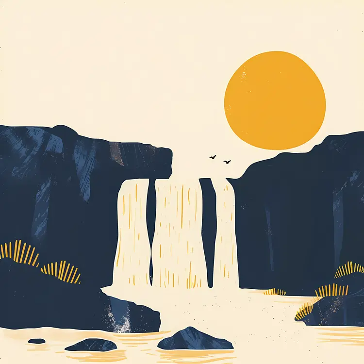 Waterfall with Sun Illustration