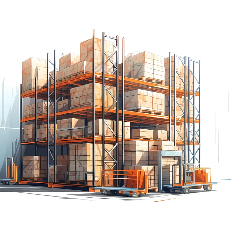 Warehouse Shelves with Boxes and Pallets