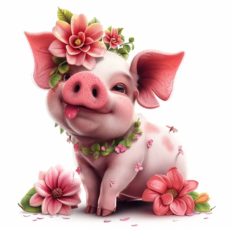 Playful Piglet with Floral Crown