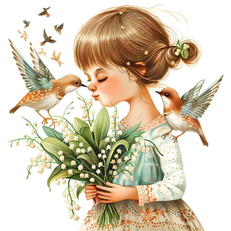 Girl Holding Flowers with Birds