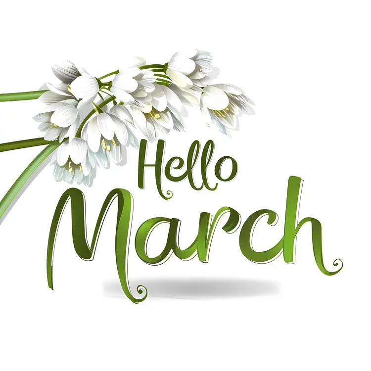 Hello March with White Flowers Illustration