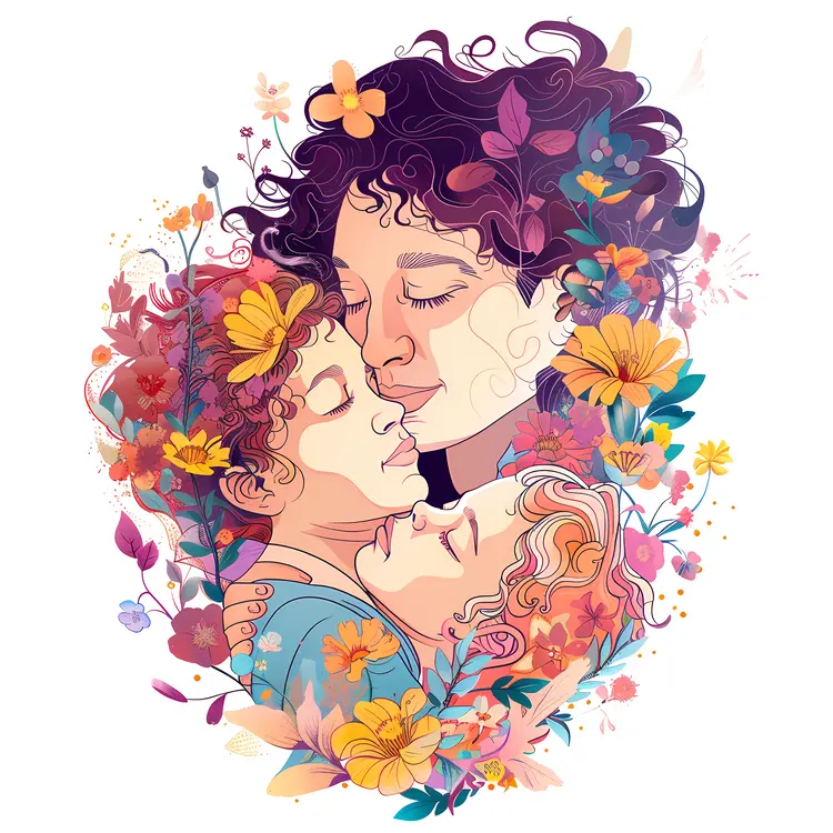 Mother Embracing Children with Floral Background