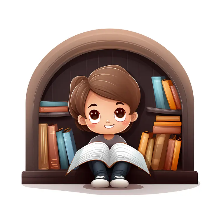 Boy Reading a Book in Front of Bookshelf