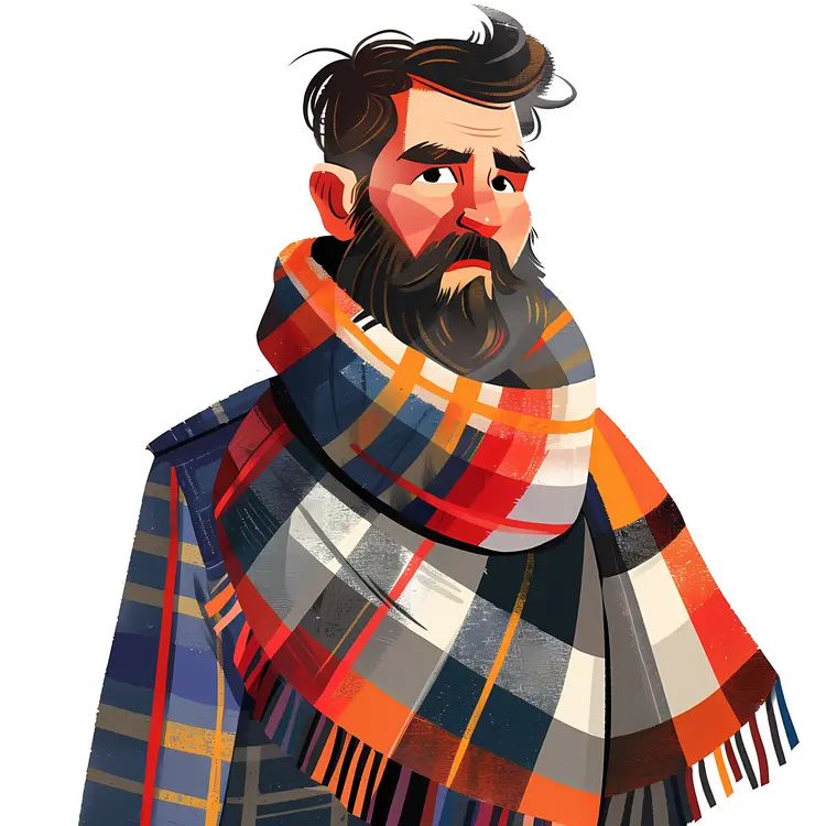 Man in Plaid Scarf Cartoon Illustration