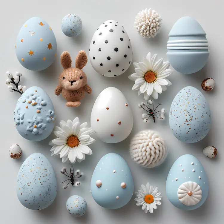 Cute Decorated Easter Eggs with Flowers and Bunny