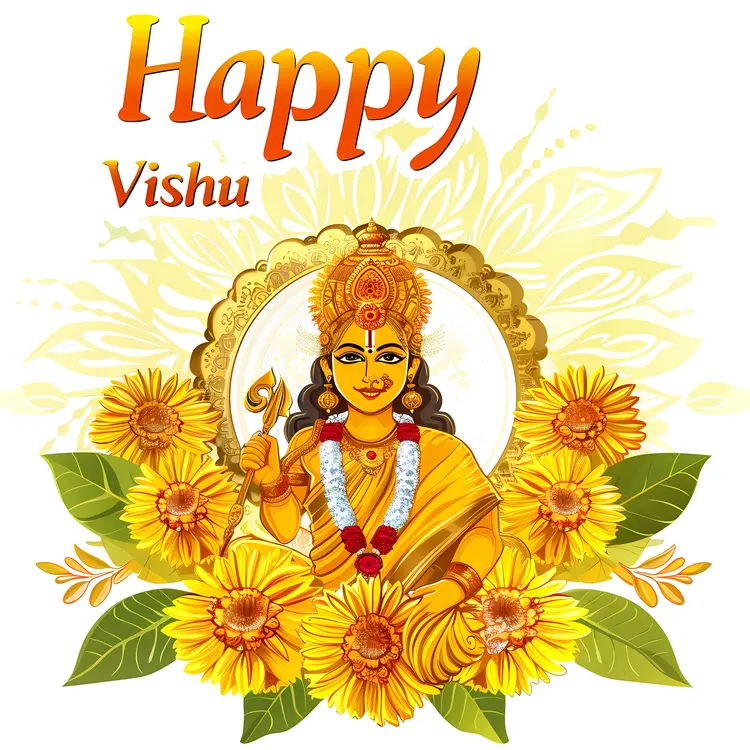 Happy Vishu with Goddess and Flowers