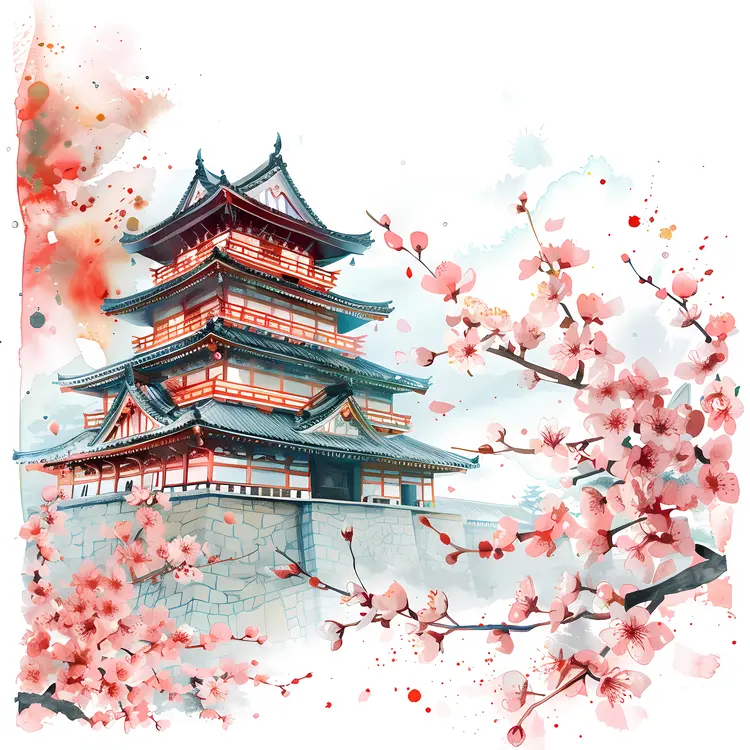 Japanese Pagoda with Cherry Blossoms and Red Sun