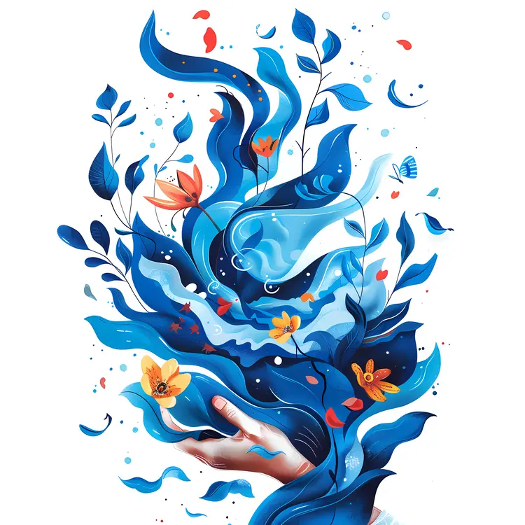 Hand Holding Flowing Water with Nature Elements