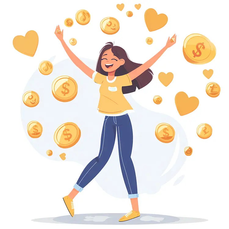 Happy Woman Surrounded by Coins and Hearts