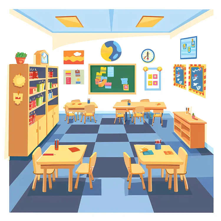 Bright Classroom with Desks and Chairs