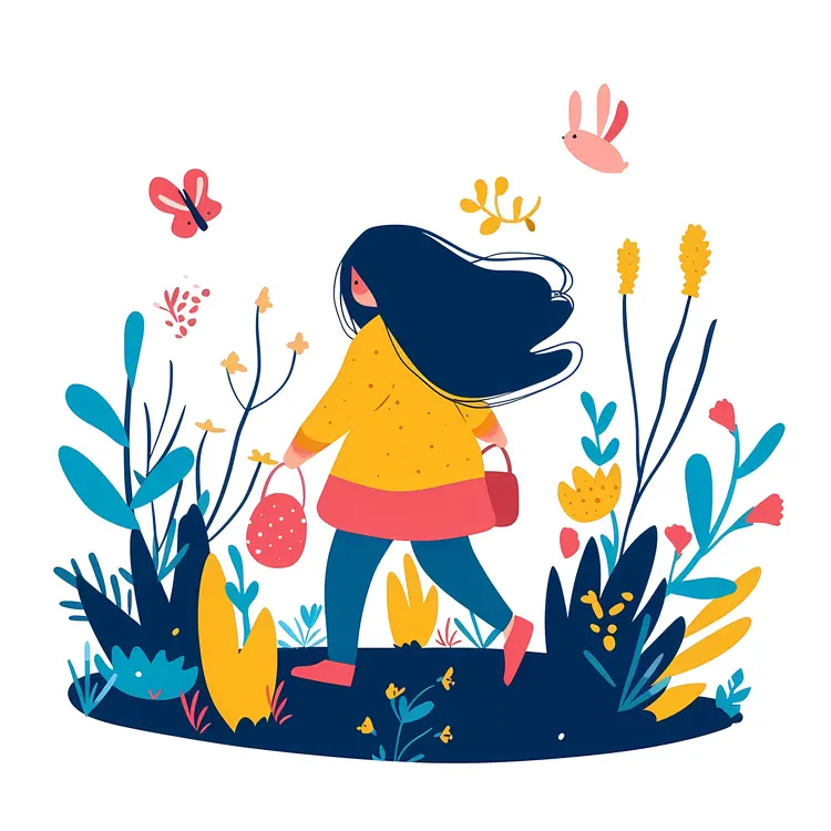 Girl with Basket Walking in Nature
