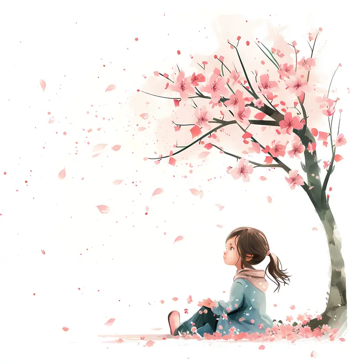 Little Girl Sitting Under Cherry Blossoms