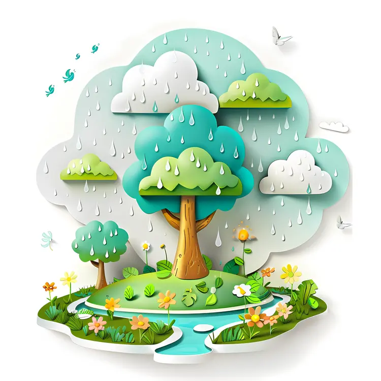 Tree and Rain in a Colorful Garden