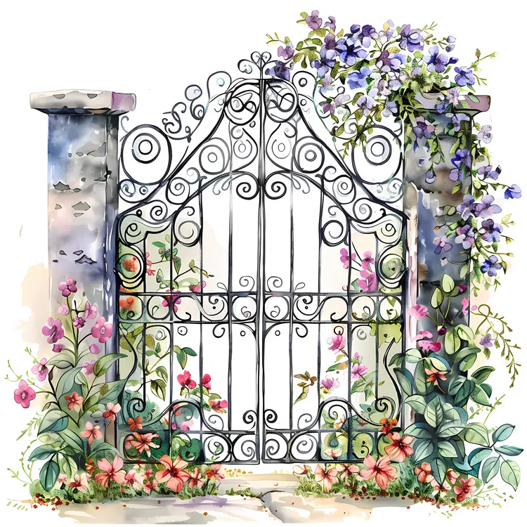 Ornate Iron Gate with Vibrant Flowers