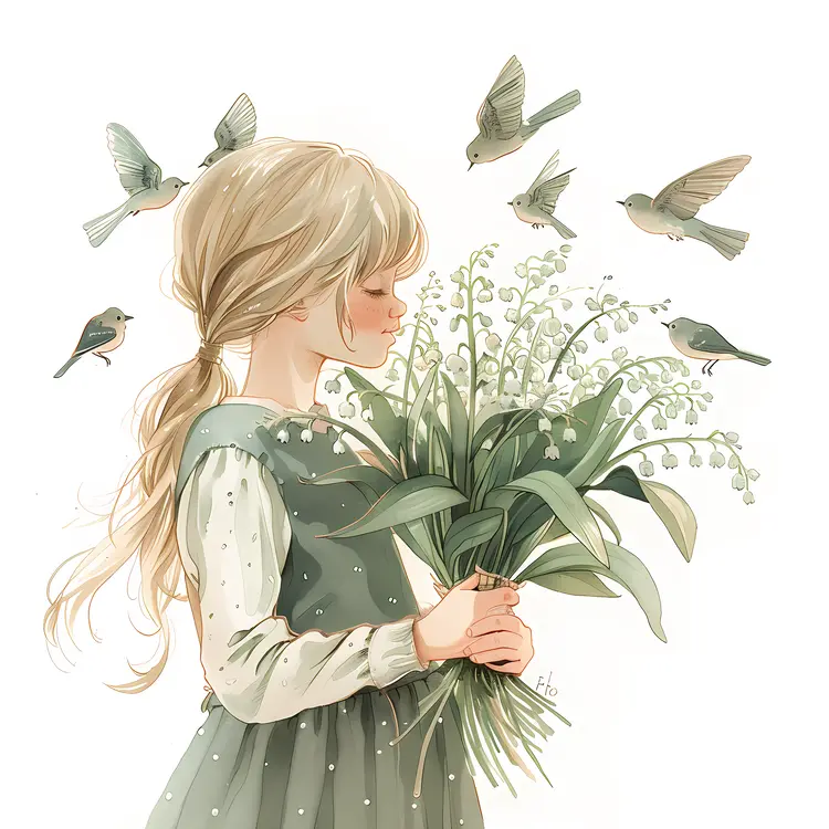 Girl Holding Flowers with Birds