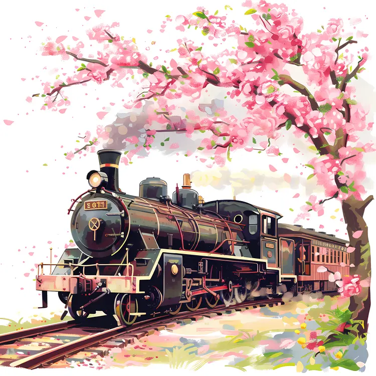 Black Steam Train with Cherry Blossoms
