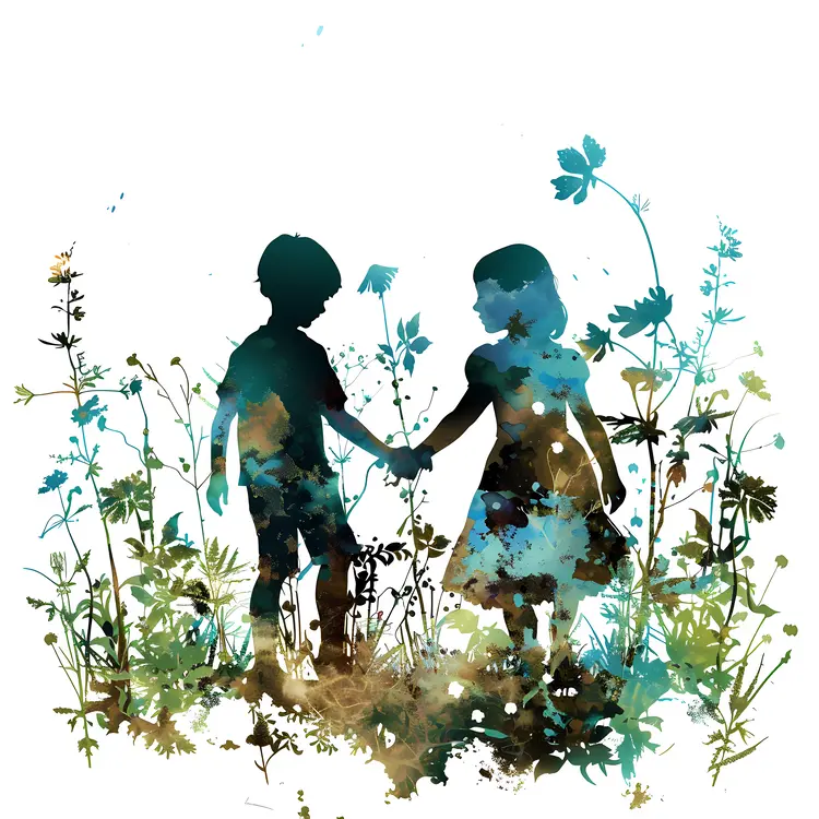 Children Silhouettes Holding Hands in Nature